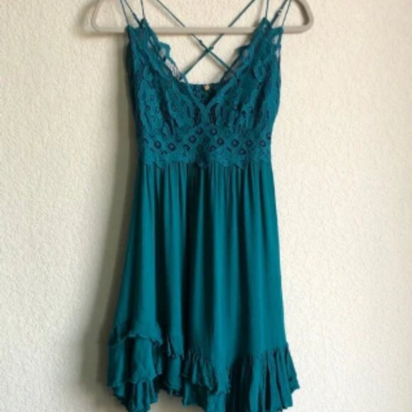 Free People FP One Adella Lace Slip Dress Dark Turquoise Medium - Picture 1 of 4